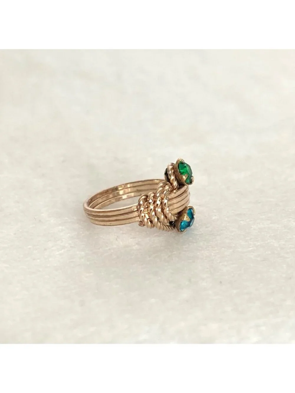 Brass Colored Wire wrapped Blue & Green Rhinestone Baby Ring Size <1